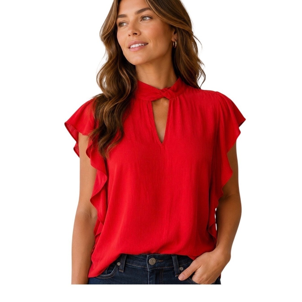 Worthington Red PXXL Flutter Sleeve NWT Blouse NEW Mock Neck Twist Keyhole